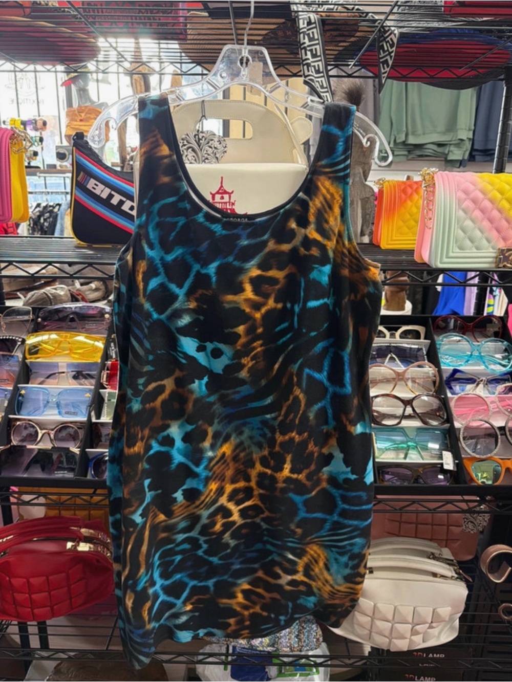 George Black Teal and Brown Animal Print Midi Dress